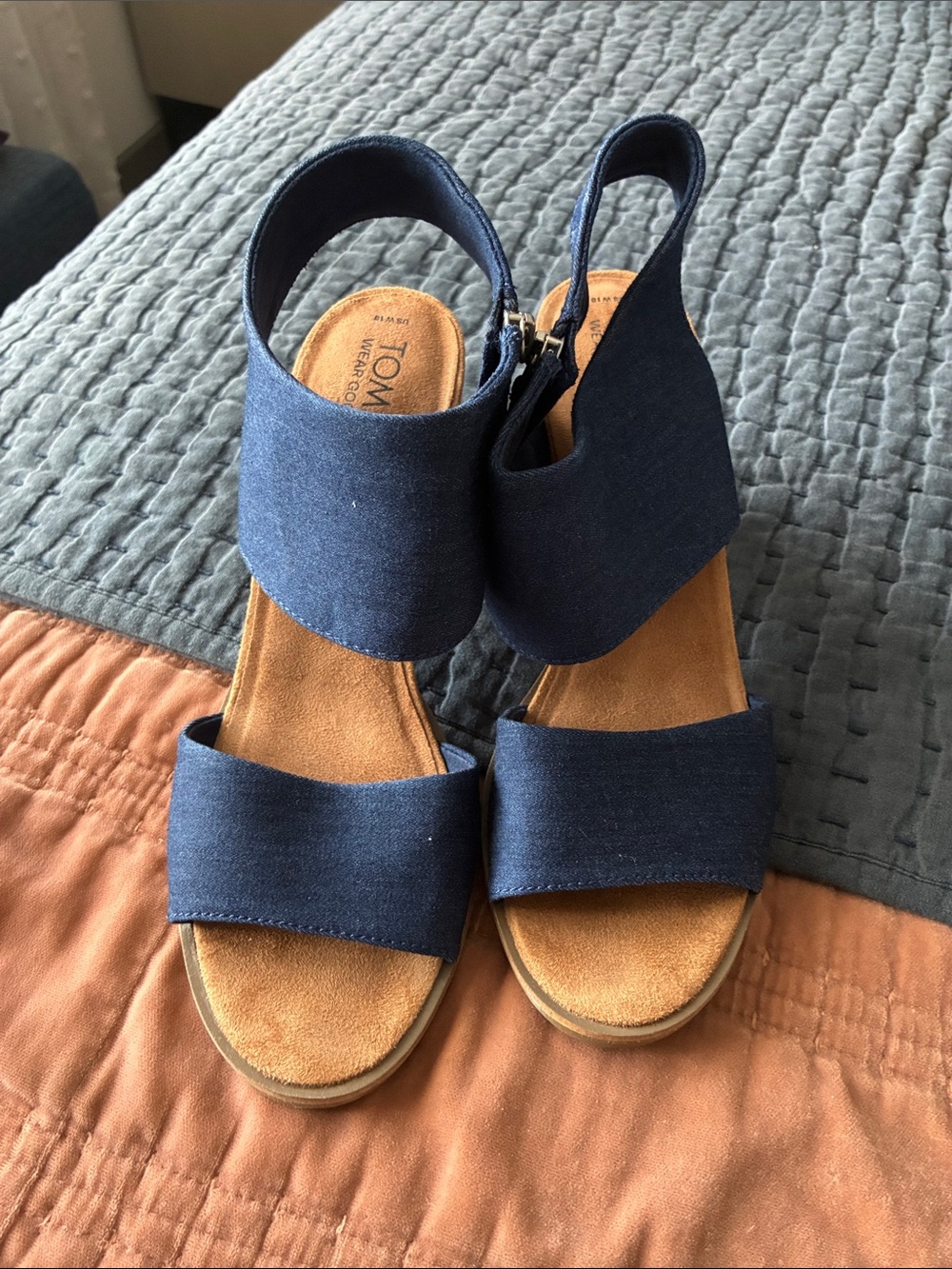 Toms Navy Canvas Wedge Sandals with Tan Footbed